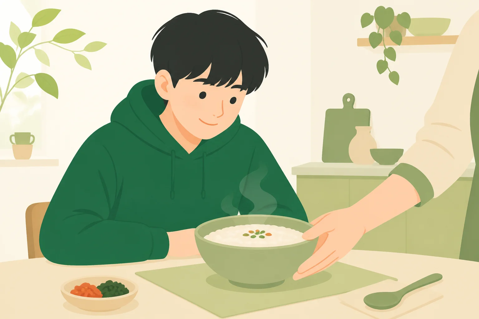이른 아침 식탁, 죽 그릇을 놓아주는 손