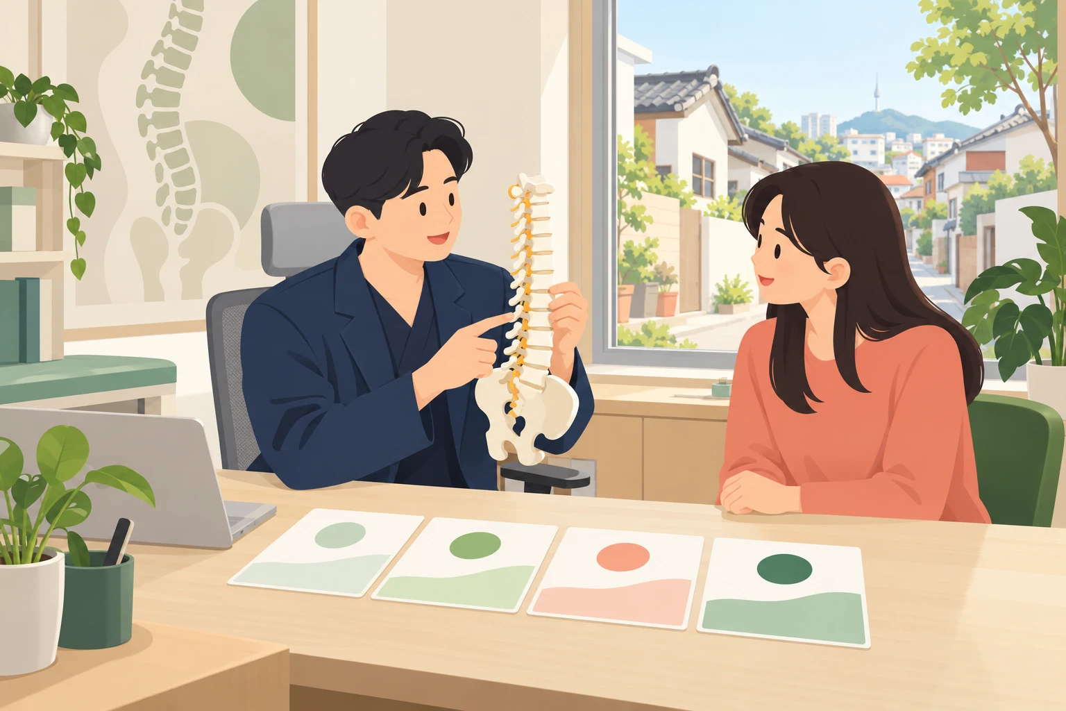 허리디스크 비수술 치료, 시기별로 달라지는 경과 — 봉천동 한의원 이야기 일러스트